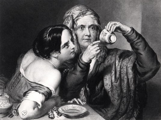 Predicting the future from reading coffee grounds (engraving) (b/w photo) von French School, (19th century)