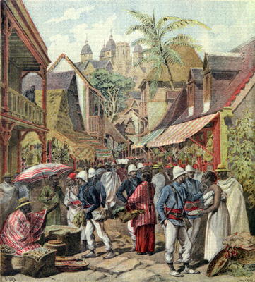 The Madagascar Expedition, French soldiers in a street in Tananarive, from 'Le Petit Journal', 27th von French School, (19th century)