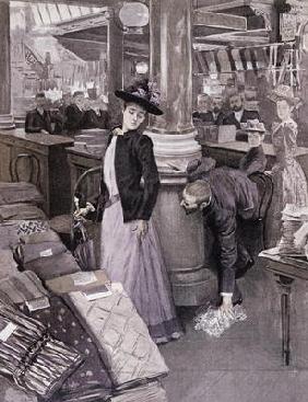 A Thief in a Department Store in Paris, illustration from 'Paradis des Dames', c.1895 (litho)