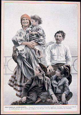 Poster of a European immigrant family on Ellis Island, 1910 (colour litho) von French School, (20th century)