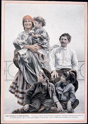Poster of a European immigrant family on Ellis Island, 1910 (colour litho) 19th