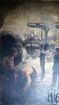 Workers unloading coal from a barge, early twentieth century (oil on canvas) von French School, (20th century)