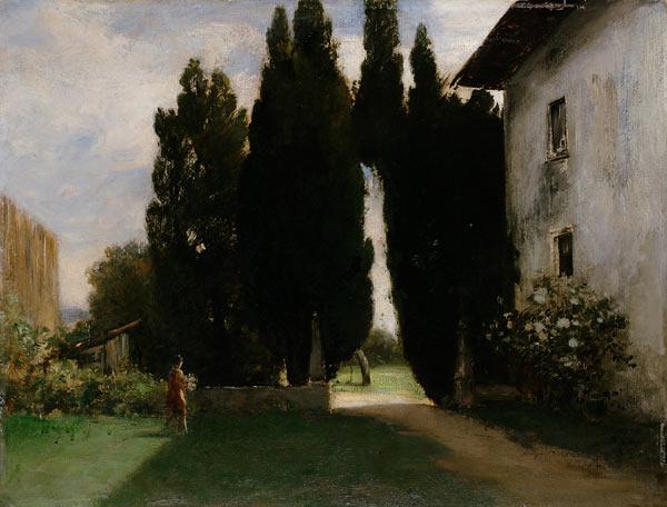 Vor einer italienischen Villa mit Zypressen 1873/74