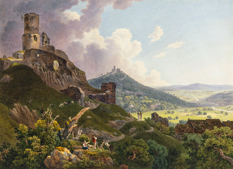 Die Ruinen Gleiberg und Vetzberg bei Gießen, links die beiden Burgruinen auf Bergen, rechts ein weit von Friedrich Christian Reinermann