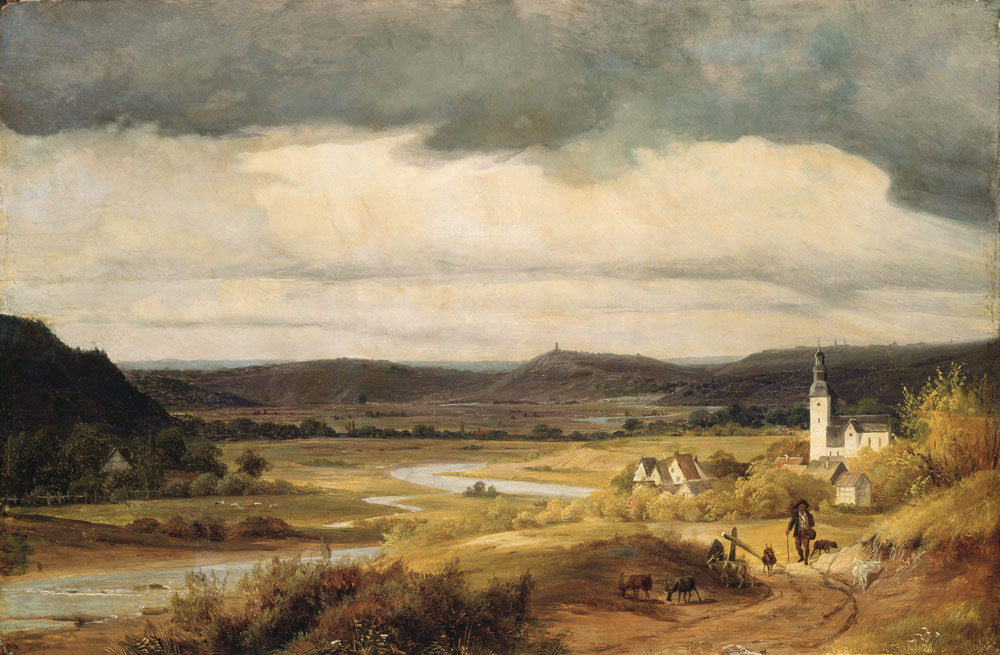 Deutsche Landschaft (Das Lennetal bei Hohensyburg mit der Kirche von Elsey) von Friedrich Heunert
