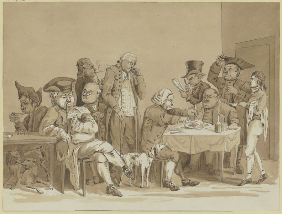 Wirtshausszene, rechts eine Gruppe um einen Tisch, links eine Gruppe von weiteren Gästen und mehrere von Friedrich Rottmann
