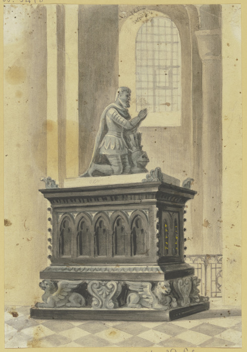 Grabmal in einer Kirche, ein Ritter auf einem Sarkophag kniend von Friedrich von Gärtner