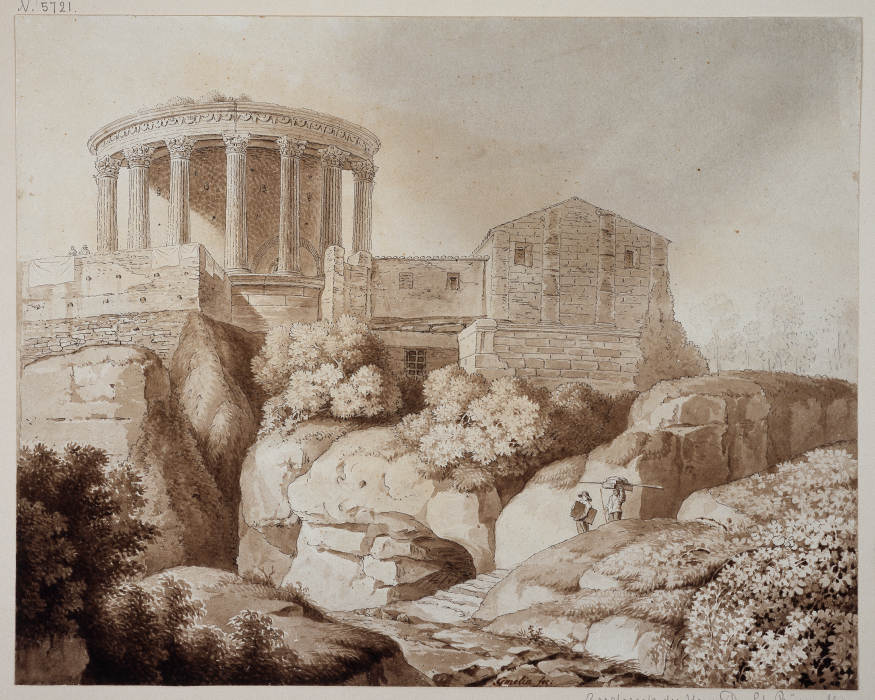 Der sogenannte Sibyllentempel zu Tivoli, der Tempel steht von Gebäuden umgeben über baumbestandenen  von Friedrich Wilhelm Gmelin