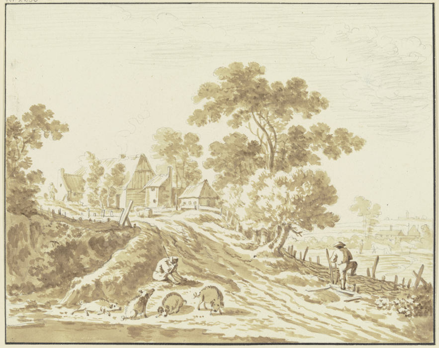 Bauernhof, im Vordergrund ein Hirte mit Schweinen von Friedrich Wilhelm Hirt