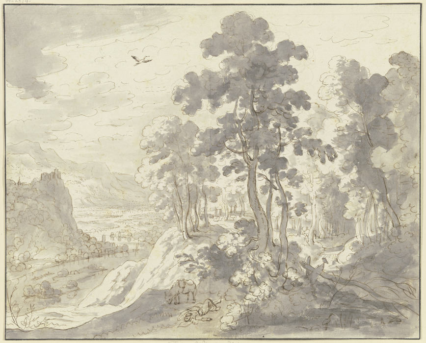 Fluß zwischen hohen Bergen, im Vordergrund ein gestürzter Mann und ein Esel von Friedrich Wilhelm Hirt