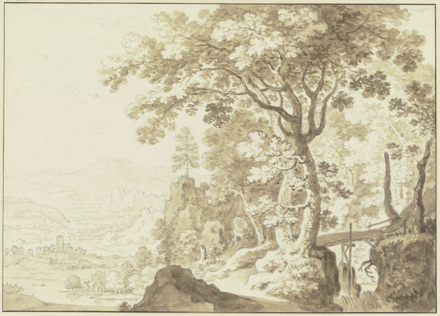 Gebirgslandschaft, links ein Talblick, rechts hohe Bäume und ein Steg über eine Schlucht von Friedrich Wilhelm Hirt