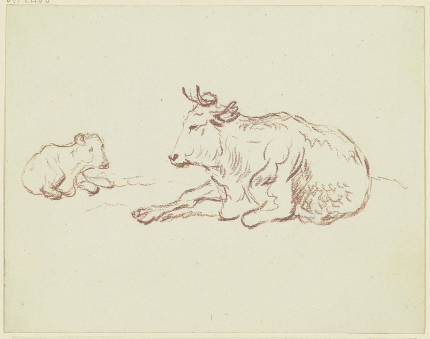 Liegende Kuh nach links mit liegendem Kalb von Friedrich Wilhelm Hirt