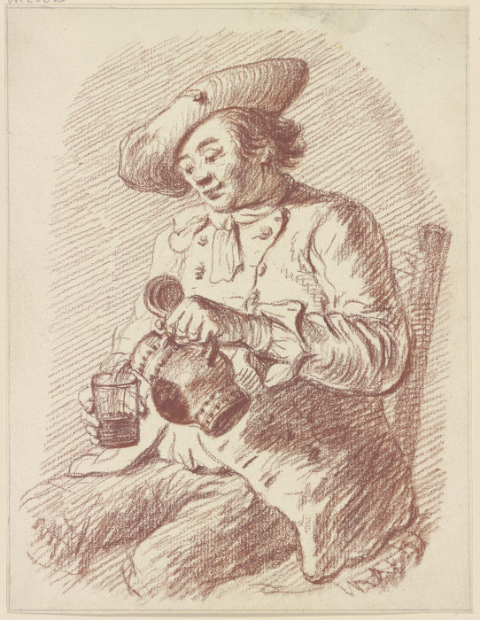 Sitzender Mann, aus einem Krug in ein Glas einschenkend von Friedrich Wilhelm Hirt