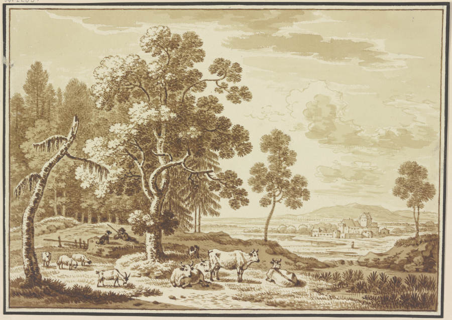 Weidendes Vieh am Waldrand, im Hintergrund ein befestigtes Gehöft von Friedrich Wilhelm Hirt