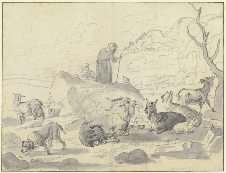 Ziegenherde mit einem Hund, hinter einem Felsblock eine alte Hirtin mit einem Kind von Friedrich Wilhelm Hirt