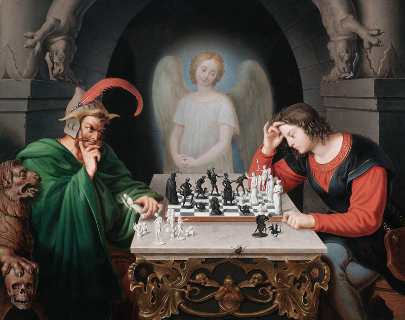 Oil painting of a grand chess match outside a school