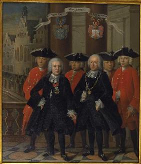 Gruppenporträt mit den beiden Frankfurter Bürgermeistern Carl Schlosser und Nicolaus Konrad Hupka 1757