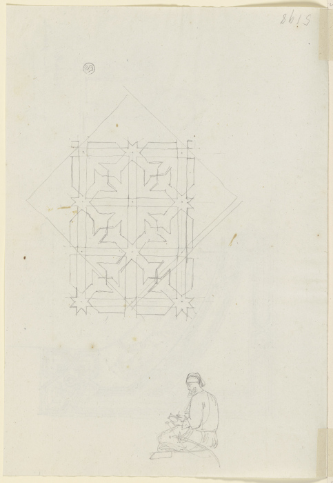 Geometrisches Muster sowie sitzender Säbelträger, in ein Notizbuch schreibend von Friedrich Maximilian Hessemer
