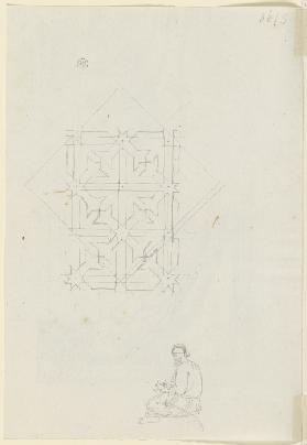 Geometrisches Muster sowie sitzender Säbelträger, in ein Notizbuch schreibend