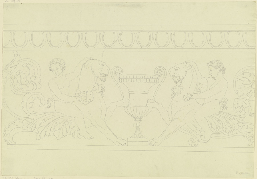 Zwei auf mit Weinlaub geschmückten Löwen reitende Satyrn, eine Vase flankierend von Friedrich Maximilian Hessemer