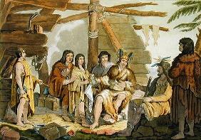 Indians trading with La Perouse in Canada (colour engraving) 19th