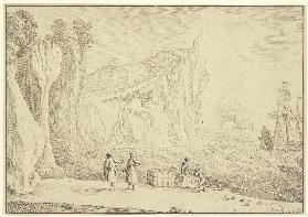 Meeresstrand an hohen Felsenufern, auf welchem ein Leuchtturm und ein Schloß stehen, vorne fünf Pers