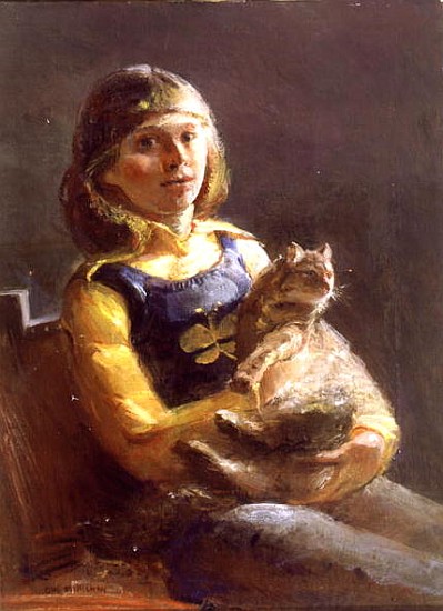 Girl with Cat (oil on canvas)  von Gail  Schulman