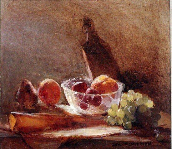 Glass Bowl with Fruit and a Cheese Board (oil on canvas)  von Gail  Schulman