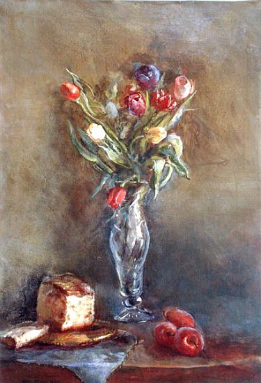 Tulips with Cake and Apples (oil on canvas)  von Gail  Schulman