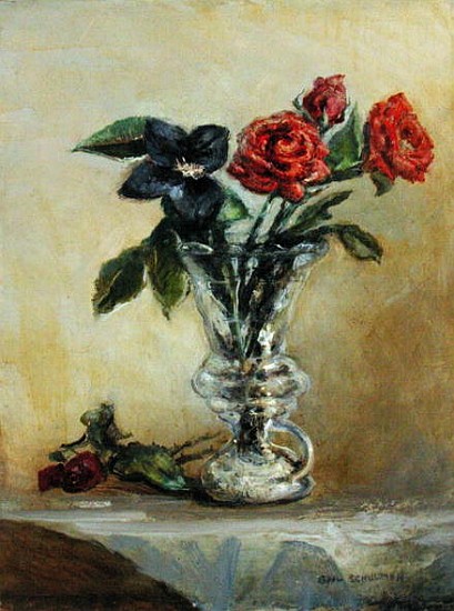 Two Roses in a Glass Vase with Opening Tulip (oil on canvas)  von Gail  Schulman