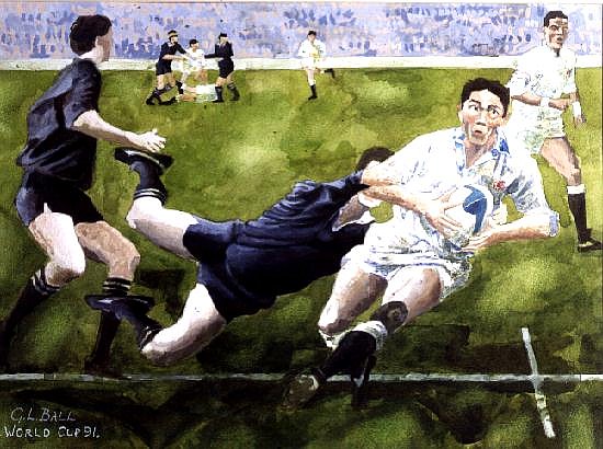 Rugby Match: England v New Zealand in the World Cup, 1991, Rory Underwood being tackled (w/c)  von Gareth Lloyd  Ball