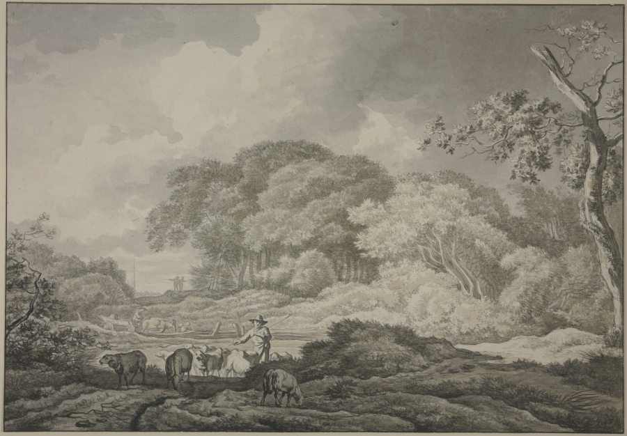 Baumpartie, vorne eine Schafherde, hinten an einem Zaun ein Wagen mit zwei Pferden von Geerlig Grijpmoed