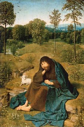 Johannes der Täufer in einer Landschaft sitzend.