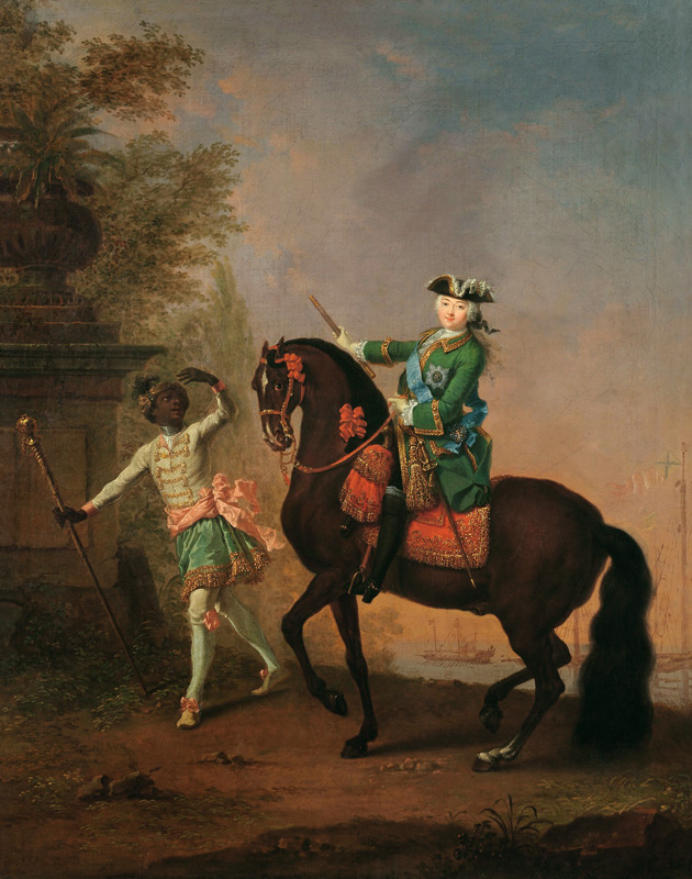 Portrait of Empress Elizabeth Petrovna (1709-62) on Horseback with a black Boy von Georg Christoph Grooth