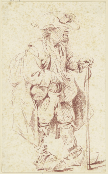 Alter Mann in zerlumpter Tracht und mit breitem Hut, im Profil nach rechts von Georg Melchior Kraus