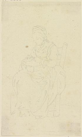 Auf einem Stuhl sitzende Frau mit einer Handarbeit