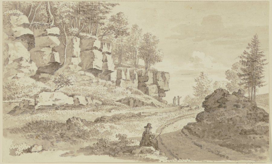 Baumbestandene Felspartie links neben einem Weg, im Vordergrund in Rückenansicht eine Zeichnerin von Georg Melchior Kraus