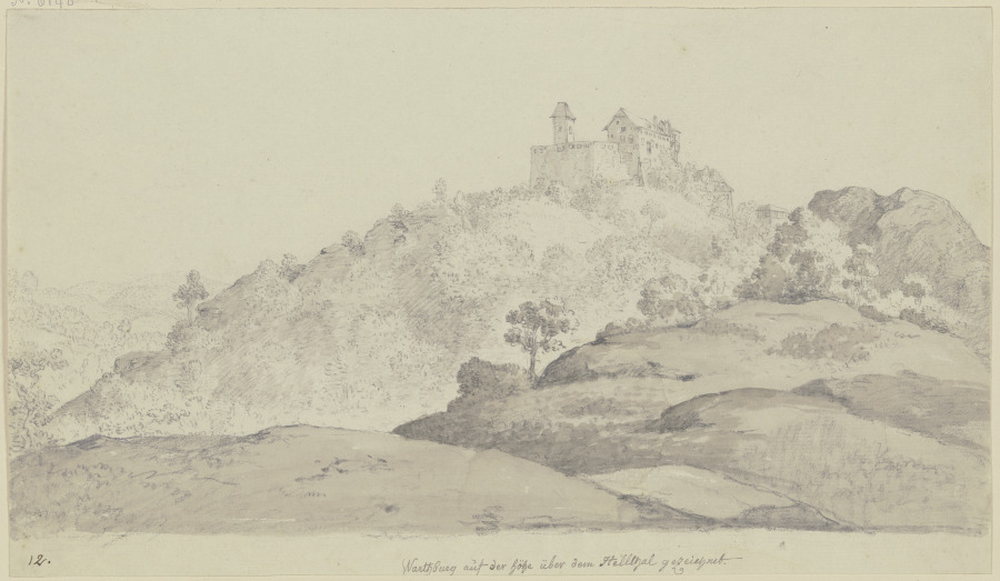 Blick auf die Wartburg von einer hügeligen Gegend aus, über der sich der Berg mit der Burg erhebt von Georg Melchior Kraus