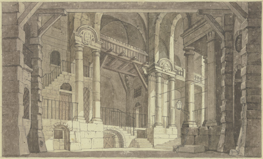 Blick in einen hohen Raum mit mächtigen Mauern und Säulen, an den Wänden Ketten für Gefangene von Georg Melchior Kraus