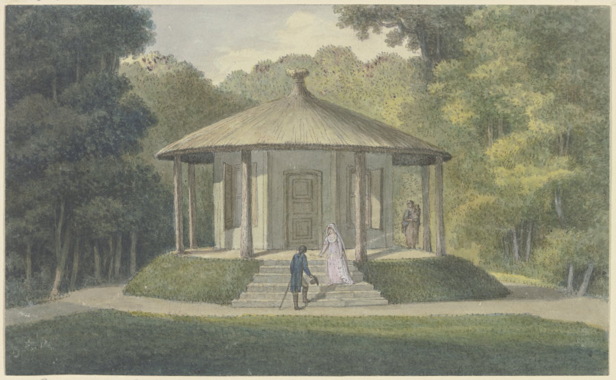 Der Pavillon im Ettersburger Park bei Weimar, auf der Treppe die Herzogin Anna Amalia, einen Herrn b von Georg Melchior Kraus