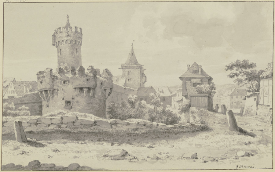 Die Stadtmauer von Jena mit dem Pulverturm und dem Johannistor von Georg Melchior Kraus