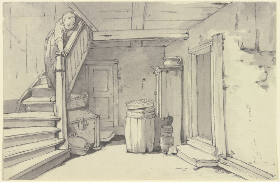 Diele in einem Bauernhaus, links eine Treppe, auf der ein Mädchen steht von Georg Melchior Kraus