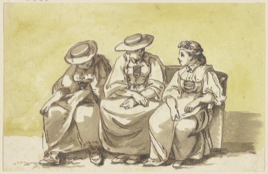 Drei auf einem Sofa sitzende Frauen in Unterhaltung von Georg Melchior Kraus