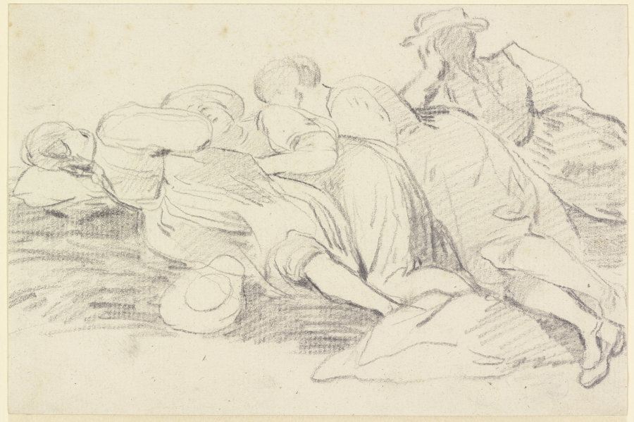 Drei sich ausruhende Mädchen und ein Mann, dicht nebeneinander auf dem Boden ausgestreckt von Georg Melchior Kraus
