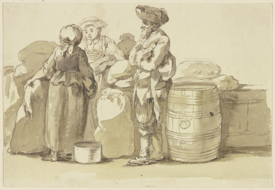 Ein alter Mann und zwei Frauen bei Fässern und Säcken stehend in einer Unterhaltung von Georg Melchior Kraus