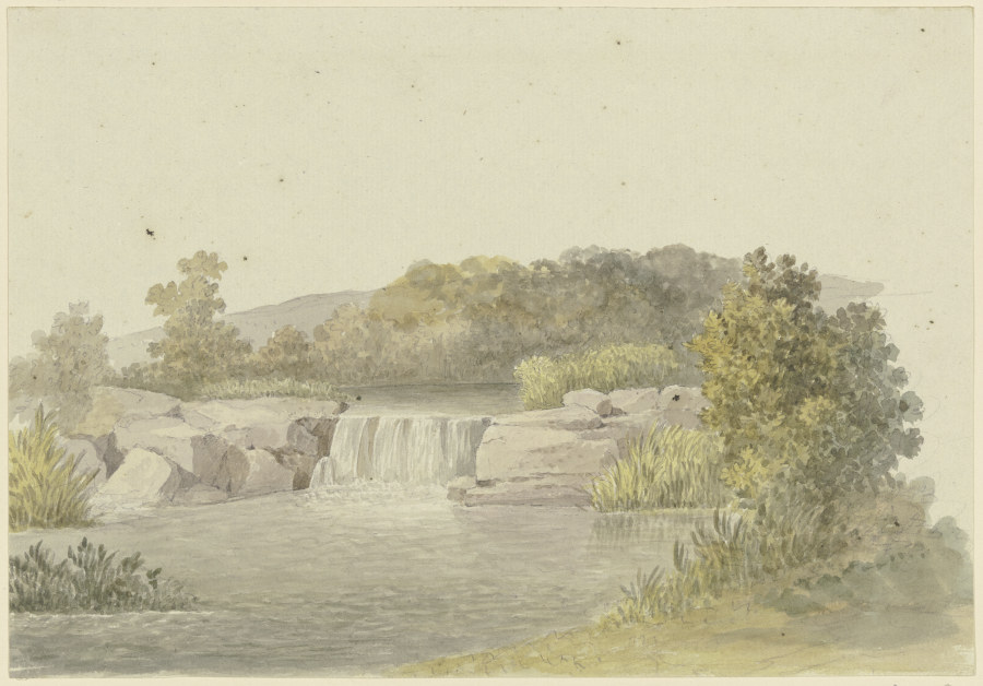 Ein Fluß mit einem niedrigen Wasserfall, im Hintergrund waldiges Ufer von Georg Melchior Kraus