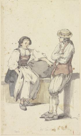Junges Bauernpaar in Zürich, das Mädchen sitzend, der Bauer stehend