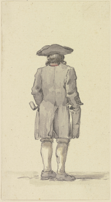 Rückenansicht eines stehenden Bauern in Kniehose,
weitem Mantel und Hut von Georg Melchior Kraus