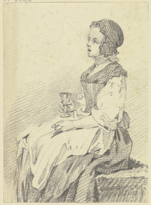 Sitzendes junges Mädchen mit Haube und Halsband, im Profil nach links, ein Glas in der rechten Hand  von Georg Melchior Kraus
