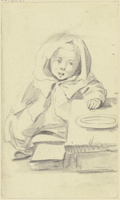 Sitzendes Kind mit großer Kapuze, vor ihm ein Teller von Georg Melchior Kraus